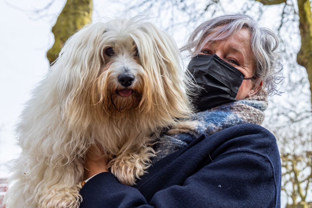 straatfotografie - vrouw met mondkapje en hond, portretfotograaf, fotografie in Houten